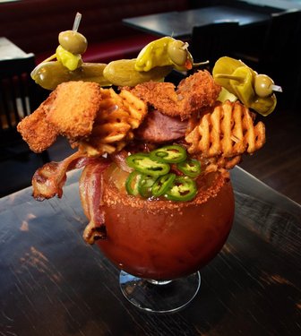 Are you sharing The Hail Mary Bloody Mary from guyfieri's Vegas kitchen or nah? 🍖🥒🧇 #LINQlife #VegasAgain