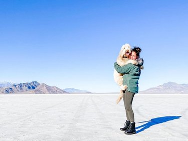 He doesn’t like to be held often, but when he does....

😍🐶

#goldendoodle #simbathedoodle #puppylove #bonnevillesaltflats
