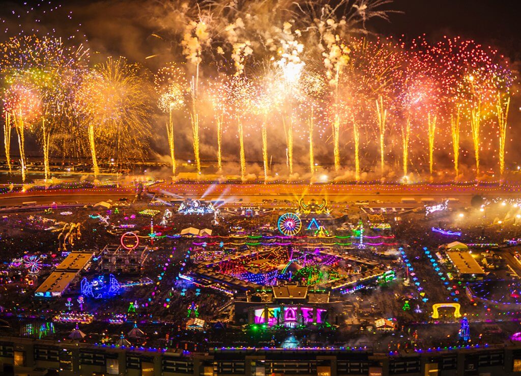 fireworks going off at the electric daisy carnival